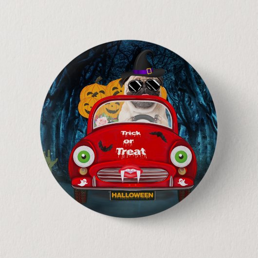 Pug Dog Driving Car Scary Halloween Ronde Button 5,7 Cm (Voorkant)