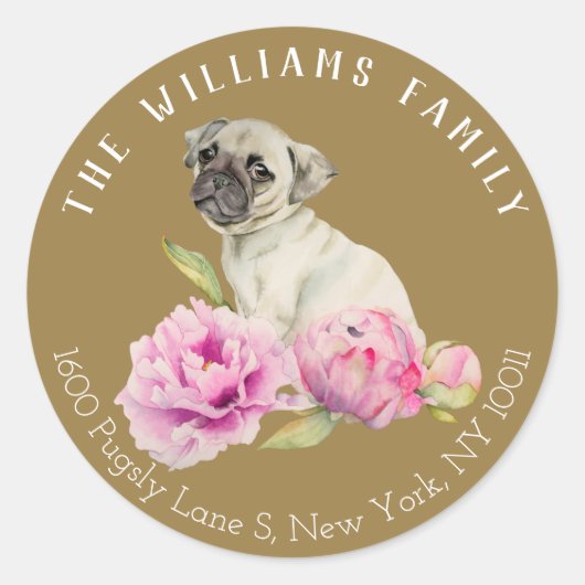 Pug Dog en Peony Flowers | Label gezinsadres (Voorkant)