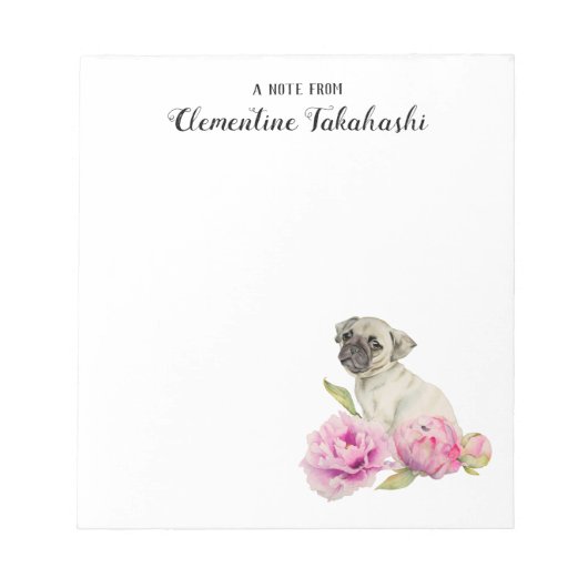 Pug Dog Floral Waterverf | Jouw namen toevoegen Notitieblok (Voorkant)