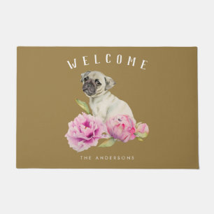 Pug Dog Floral Welkom Familienaam toevoegen Deurmat