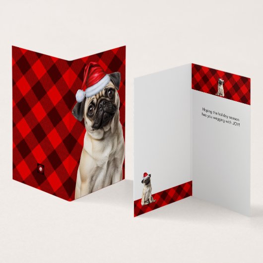 Pug Dog Holiday Red Buffalo Plaid Christmas Kaart (Binnen en buitenkant)