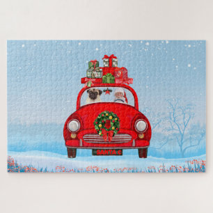 Pug Dog in auto met kerstman Legpuzzel