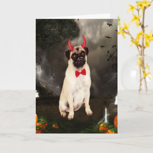 Pug Dog in Halloween Kostuum Kaart (Gele Bloem)
