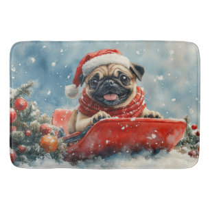 Pug Dog in Sledge Laat het Sneeuw Kerstmis Badmat