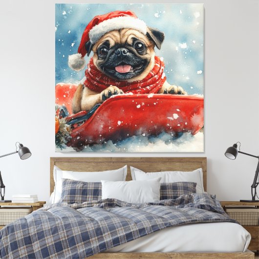 Pug Dog in Sledge Laat het Sneeuw Kerstmis Canvas Afdruk (Insitu (Slaapkamer))