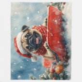 Pug Dog in Sledge Laat het Sneeuw Kerstmis Fleece Deken (Voorkant)
