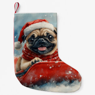 Pug Dog in Sledge Laat het Sneeuw Kerstmis Kleine Kerstsok