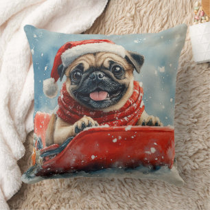 Pug Dog in Sledge Laat het Sneeuw Kerstmis Kussen