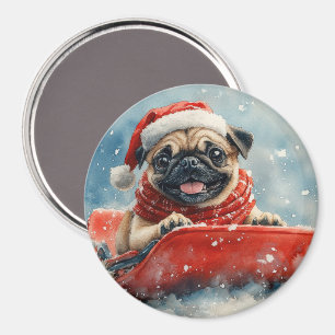 Pug Dog in Sledge Laat het Sneeuw Kerstmis Magneet