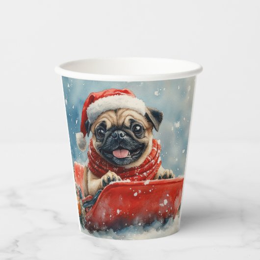 Pug Dog in Sledge Laat het Sneeuw Kerstmis Papieren Bekers (Voorkant)