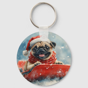 Pug Dog in Sledge Laat het Sneeuw Kerstmis Sleutelhanger