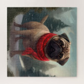 Pug Dog in Sneeuw Kerstmis Legpuzzel (Horizontaal)
