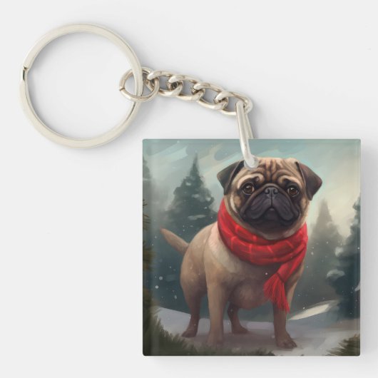 Pug Dog in Sneeuw Kerstmis Sleutelhanger (Voorkant)