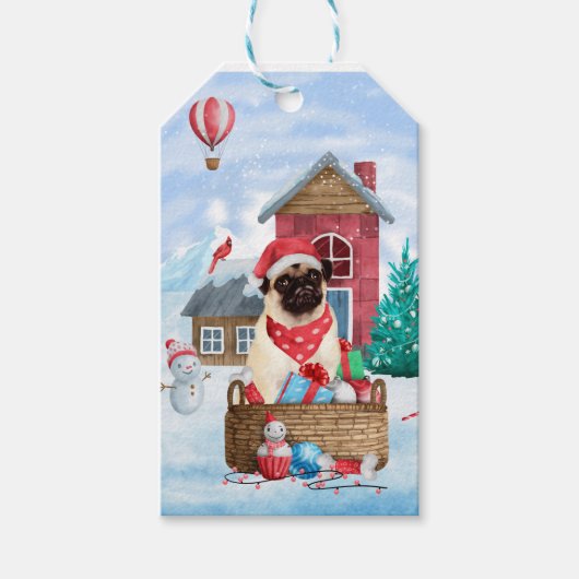 Pug Dog in sneeuwkerst Cadeaulabel (Voorkant)