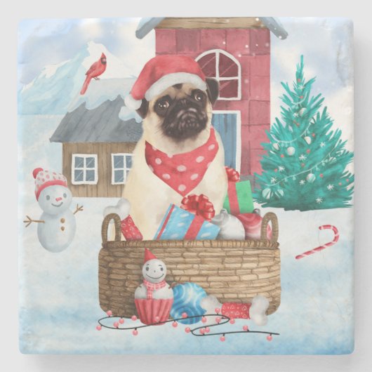 Pug Dog in sneeuwkerst Stenen Onderzetter (Voorkant)