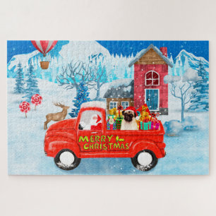 Pug Dog kerstbezorging vrachtwagen sneeuw Legpuzzel