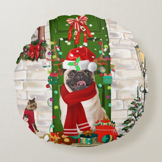 Pug Dog Kerstmis Rond Kussen (Voorkant)