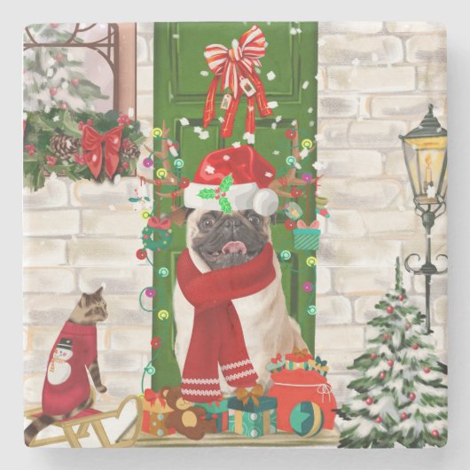 Pug Dog Kerstmis Stenen Onderzetter (Voorkant)