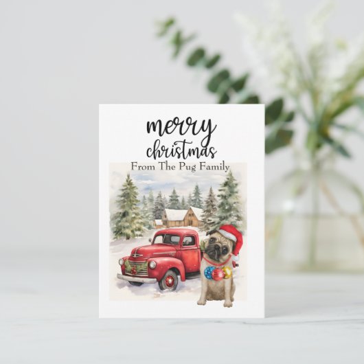 PUG Dog Merry Kerstmis op Red Gold marble Feestdagenkaart (Staand voorkant)