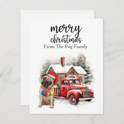 PUG Dog Merry Kerstmis op Red Gold marble Feestdagenkaart (Voorkant / Achterkant)