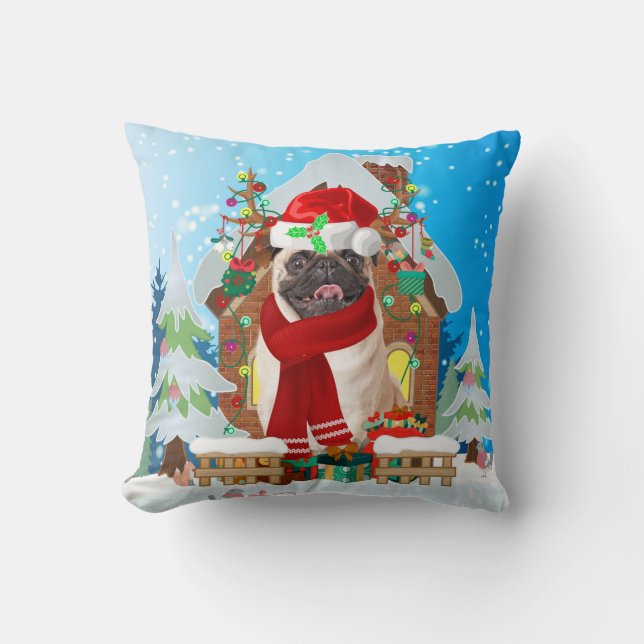 Pug dog met kerstcadeaus kussen (Voorkant)