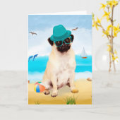 Pug Dog on Beach Kaart (Gele Bloem)