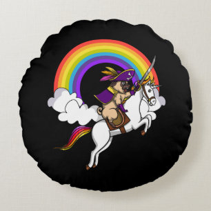 Pug Dog Pirate Riding Magical Unicorn Rainbow Rond Kussen