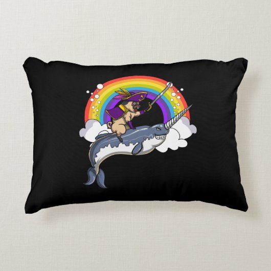 Pug Dog Pirate Riding Narwhal Fish Funny Accent Kussen (Voorkant)