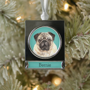 Pug Dog Portrait Persoonlijk Verzilverd Banner Ornament