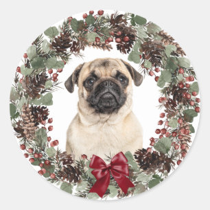 Pug Dog Red Bow Pinecone Wreater Kerstmis Ronde Sticker