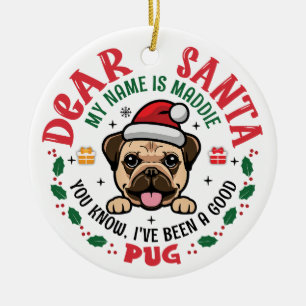 Pug Dog Santa Gepersonaliseerde Kerstboom Rond Keramisch Ornament