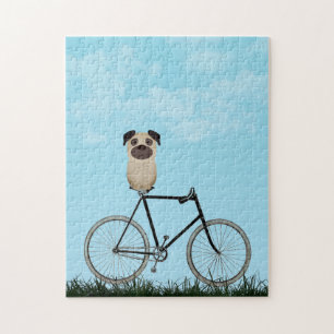 Pug Dog Sitting on  Bicycle Jigzaag Puzzle Legpuzzel