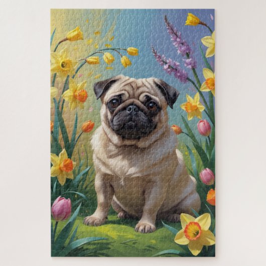 Pug Dog Spring Bloemen Schilderen Legpuzzel (Verticaal)