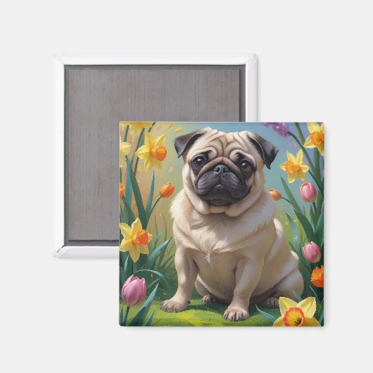 Pug Dog Spring Bloemen Schilderen Magneet (Voorkant / Achterkant)
