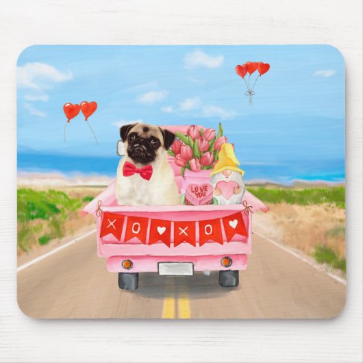 Pug Dog Valentijnsdag Truck Hearts Muismat (Voorkant)