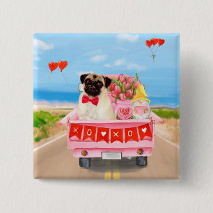 Pug Dog Valentijnsdag Truck Hearts Vierkante Button 5,1 Cm