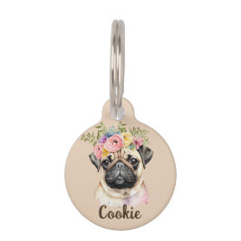 PUG Dog Waterverf Flower Ronde Pet Tag Huisdierpenning