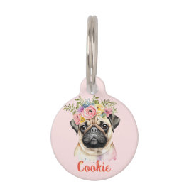 PUG Dog Waterverf Flower Ronde Pet Tag Huisdierpenning
