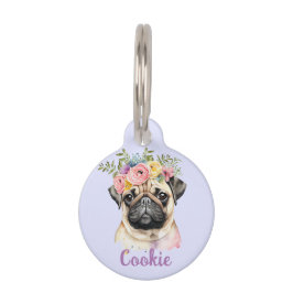 PUG Dog Waterverf Flower Ronde Pet Tag Huisdierpenning