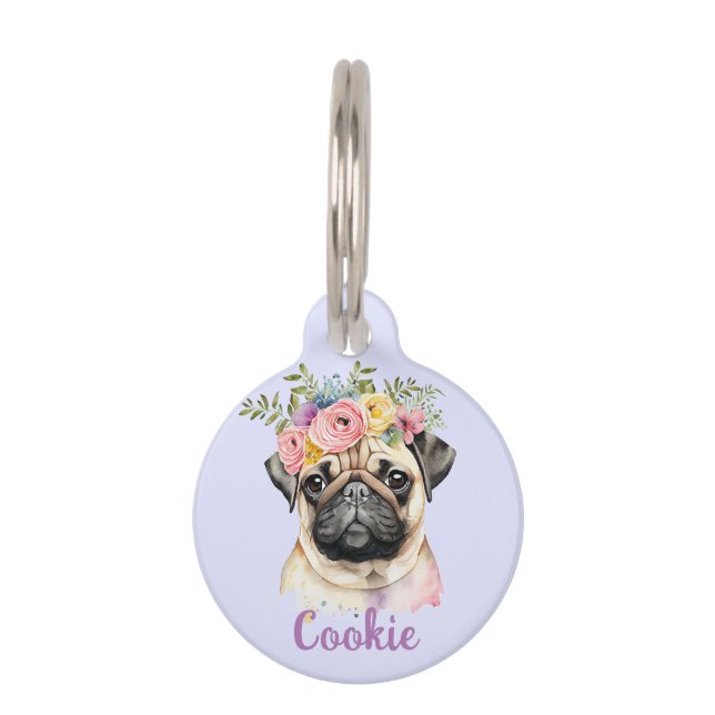 PUG Dog Waterverf Flower Ronde Pet Tag Huisdierpenning (Voorkant)