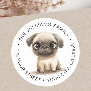 Pug dog waterverf illustratie retouradres ronde sticker