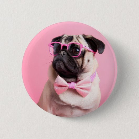 pug dog wearing bow ronde button 5,7 cm (Voorkant)