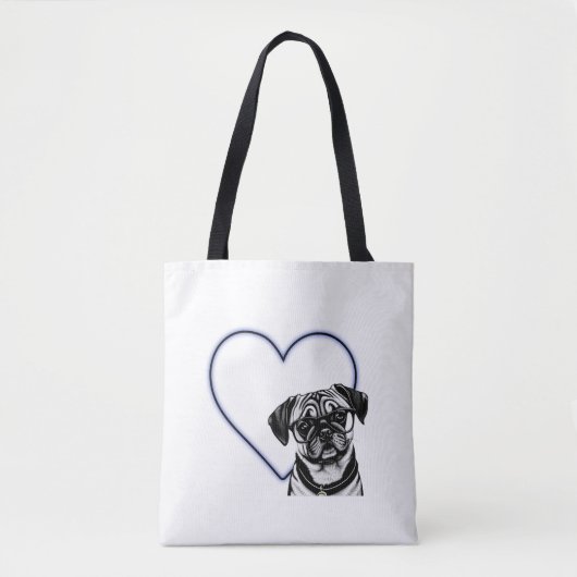 Pug Dog Wearing Glasses Blue Heart Design Canvas t Draagtas (Voorkant)