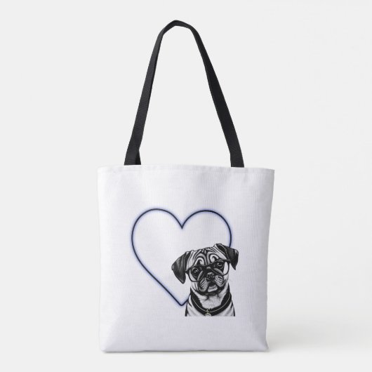 Pug Dog Wearing Glasses Blue Heart Design Canvas t Draagtas (Achterkant)