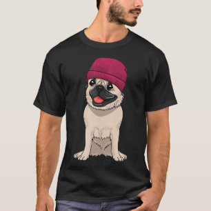 Pug draagt muts Schattige Coole Hond Gebreide Hoed T-shirt