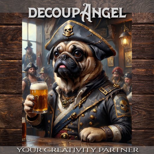 Pug Drink Bier in Pirate's Den - Decoupage - Tissuepapier