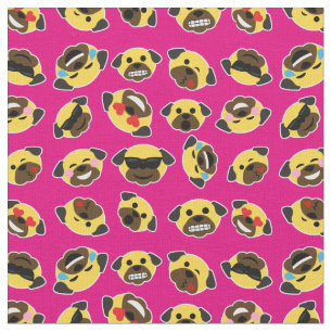 Pug Emoji Emoticon Pattern Fabric Hot Pink Stof