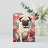 Pug en pioenbloemen William Morris geïnspireerd Briefkaart (Staand voorkant)