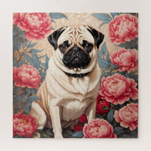 Pug en pioenbloemen William Morris geïnspireerd Legpuzzel