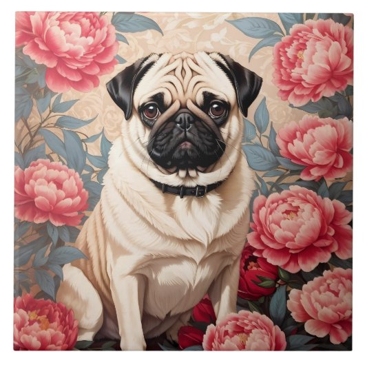 Pug en pioenbloemen William Morris geïnspireerd Tegeltje (Voorkant)